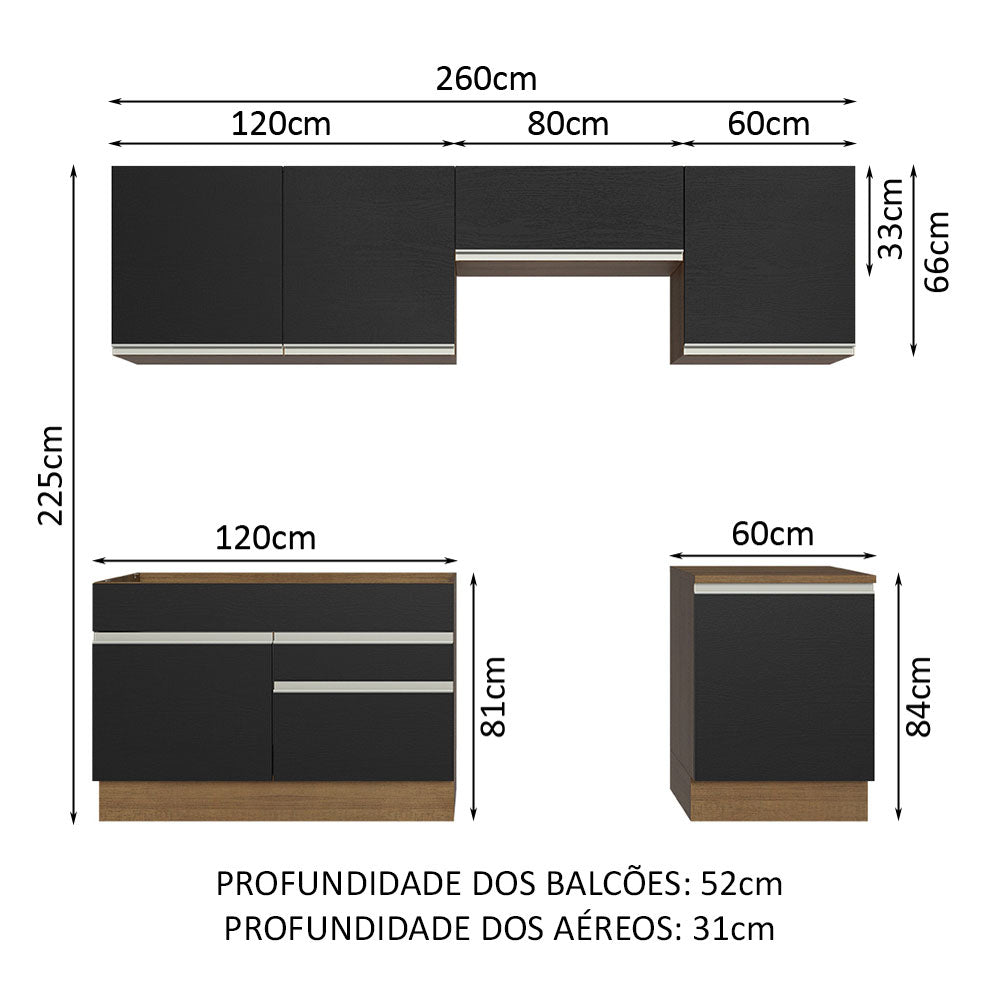 Armário de Cozinha Completa 260cm Rustic/Preto Glamy Madesa 04