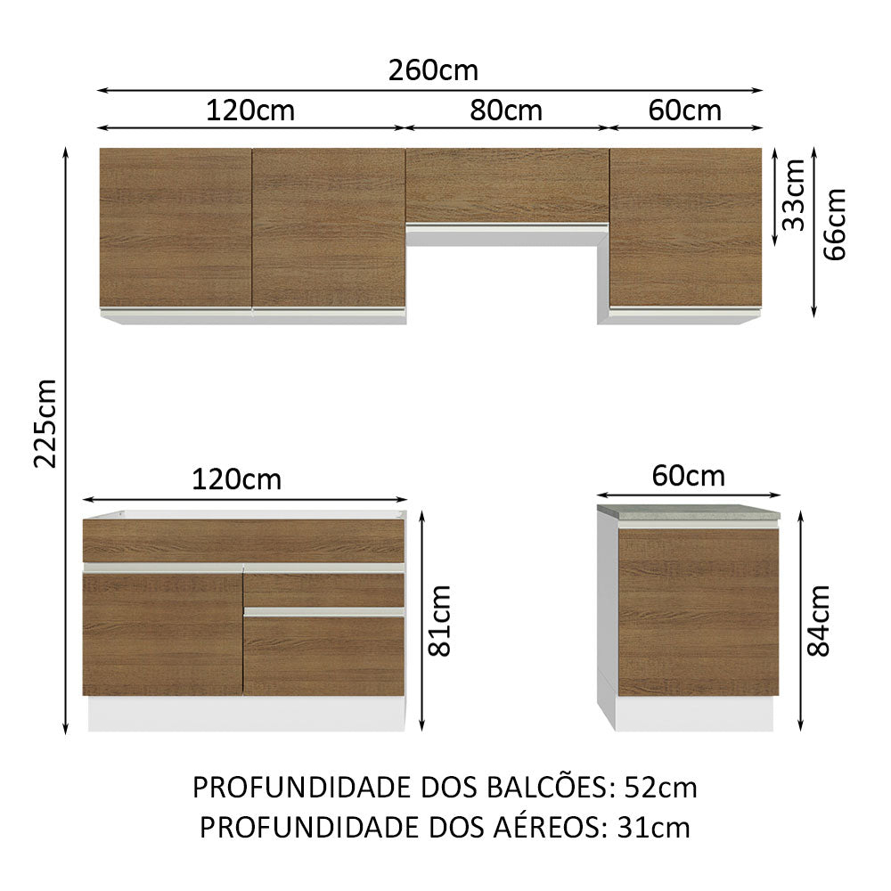 Armário de Cozinha Completa 260cm Branco/Rustic Glamy Madesa 04
