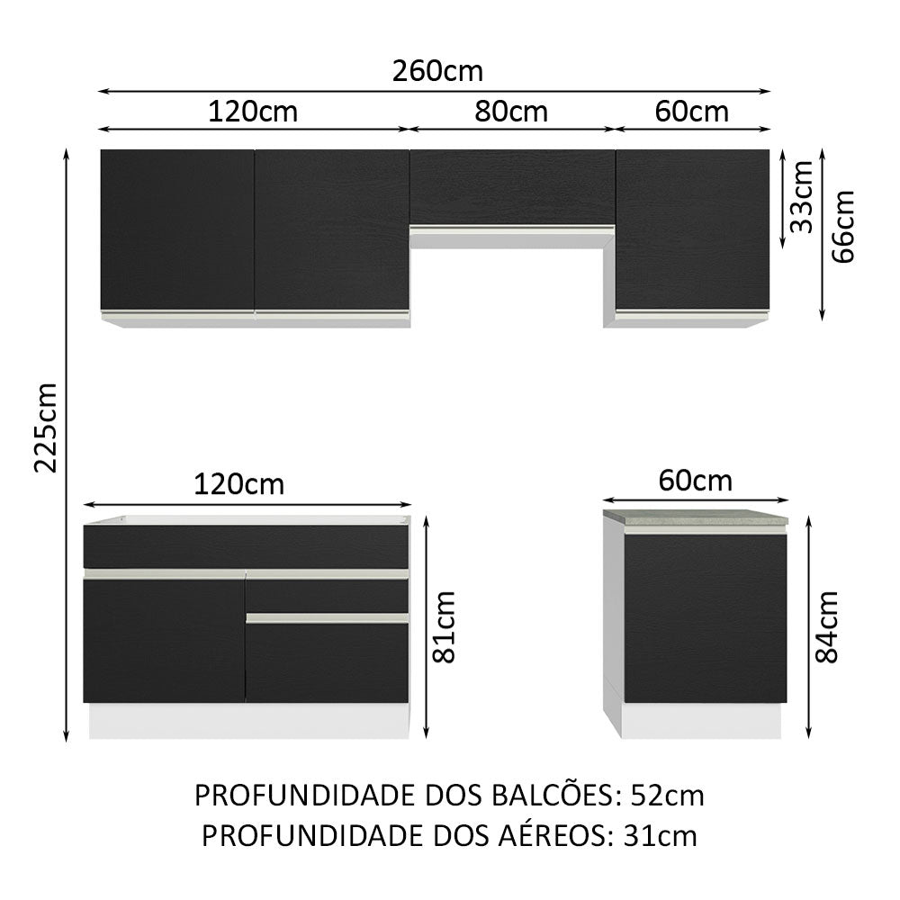 Armário de Cozinha Completa 260cm Branco/Preto Glamy Madesa 05