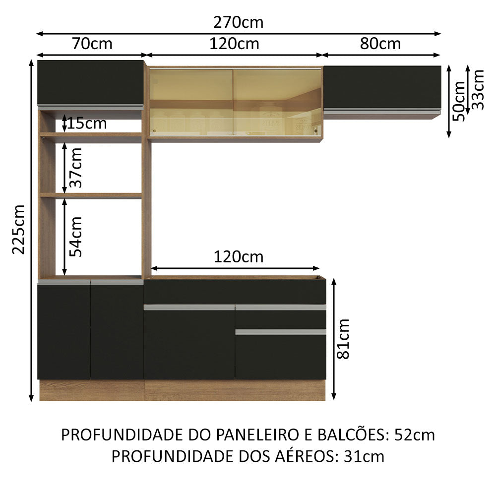Armário de Cozinha Completa 270cm Rustic Preto Glamy Madesa 11