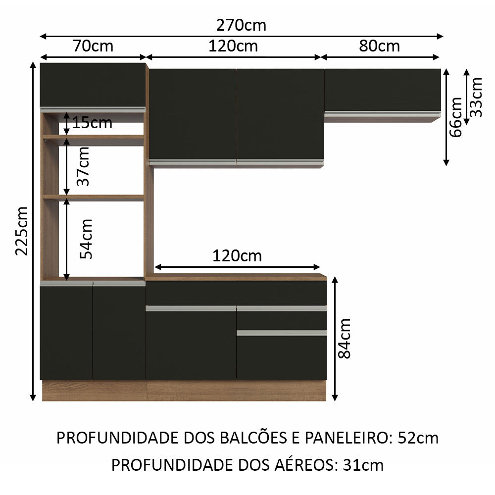 Armário de Cozinha Completa 270cm Rustic/Preto Glamy Madesa 14