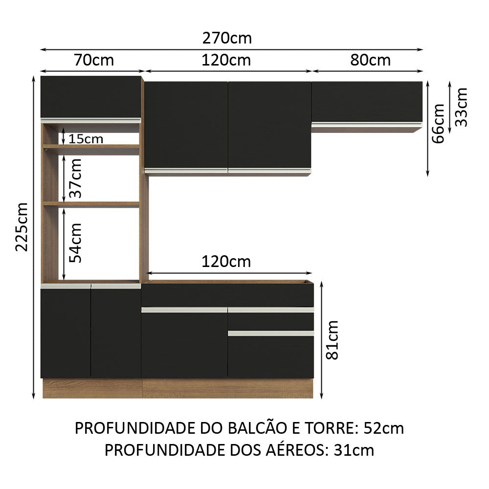 Armário de Cozinha Completa 270cm Rustic/Preto Glamy Madesa 15
