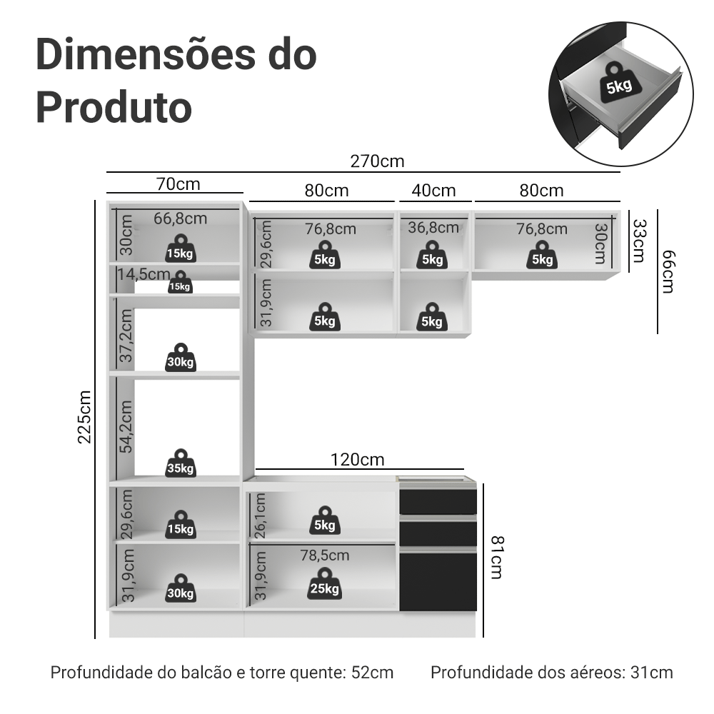 Armário de Cozinha Completa 270 cm Branco/Preto Glamy Madesa 17