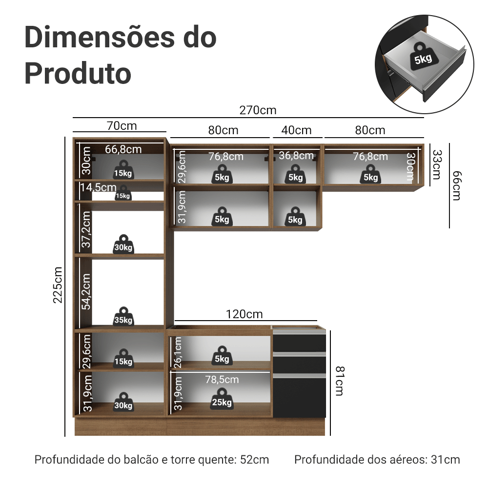 Armário de Cozinha Completa 270 cm Rustic/Preto Glamy Madesa 17