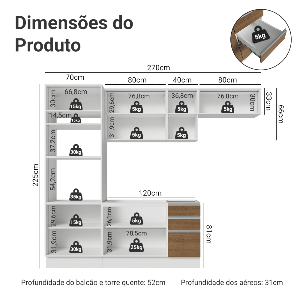 Armário de Cozinha Completa 270 cm Branco/Rustic Glamy Madesa 17