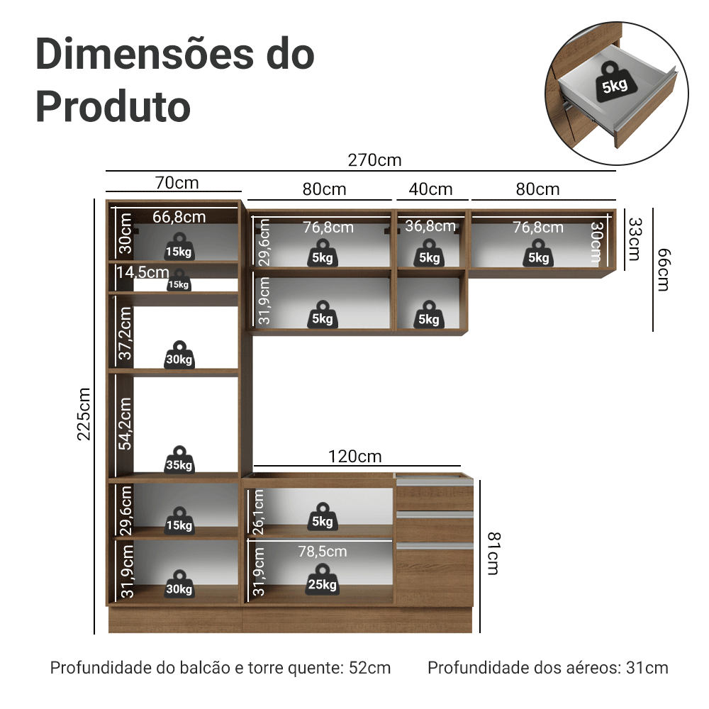 Armário de Cozinha Completa 270 cm Rustic Glamy Madesa 17