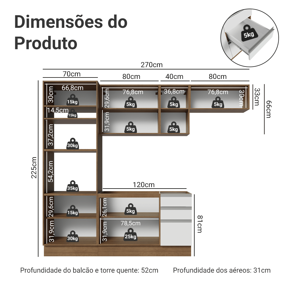 Armário de Cozinha Completa 270 cm Rustic/Branco Glamy Madesa 17