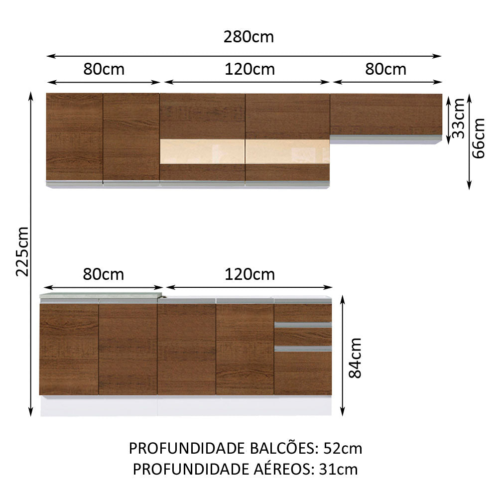 Armário de Cozinha Completa 280cm Branco/Rustic Marcela Madesa 03
