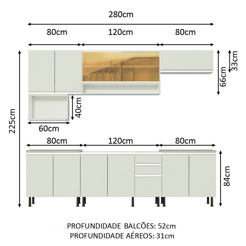 Armário de Cozinha Completa 280cm Branco Genova Madesa 04SR