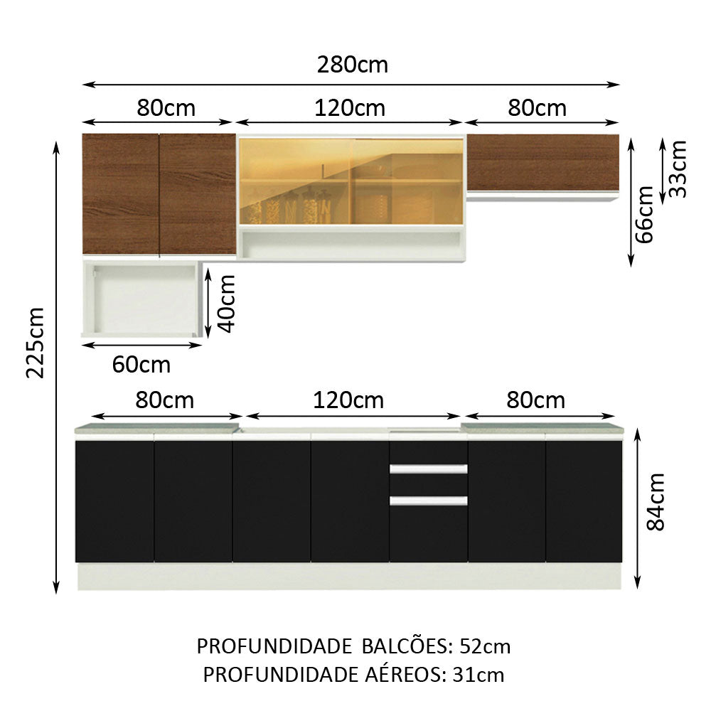 Armário de Cozinha Completa 280cm Branco/Preto/Rustic Genova Madesa 04