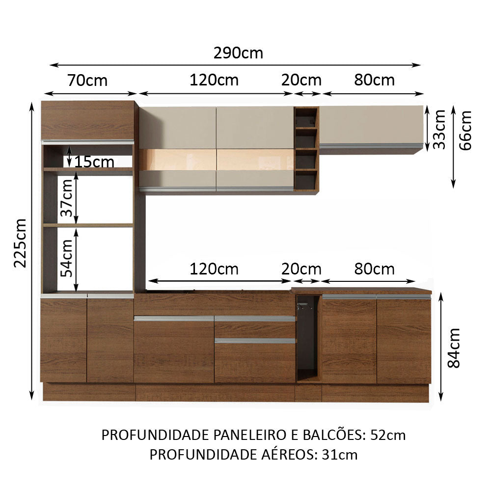 Armário de Cozinha Completa 290cm Rustic/Crema Vicenza Madesa 01