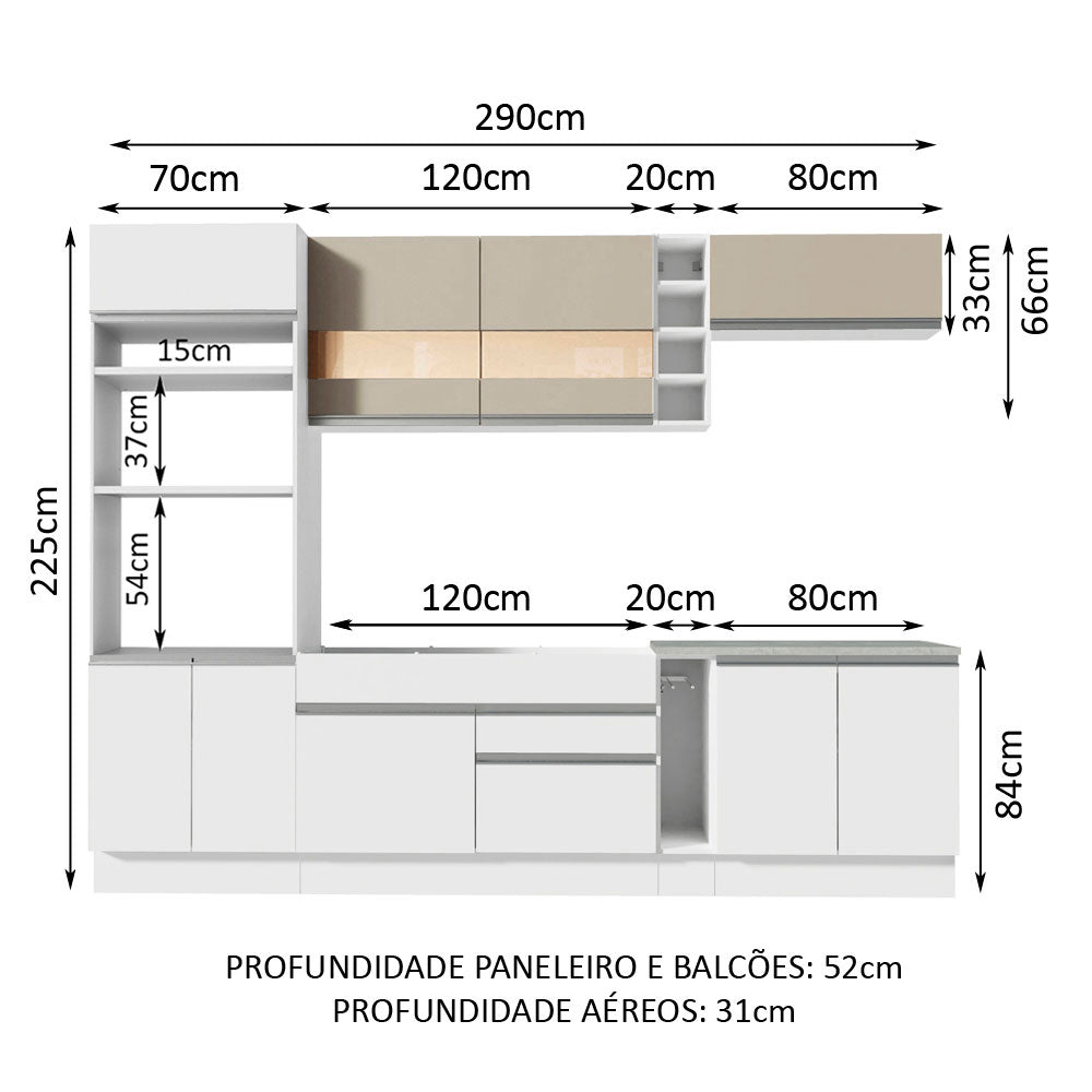 Armário de Cozinha Completa 290cm Branco/Branco/Crema Vicenza Madesa 01