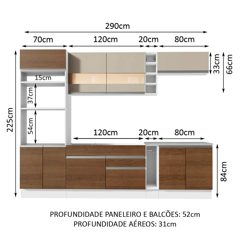 Armário de Cozinha Completa 290cm Branco/Rustic/Crema Vicenza Madesa 01