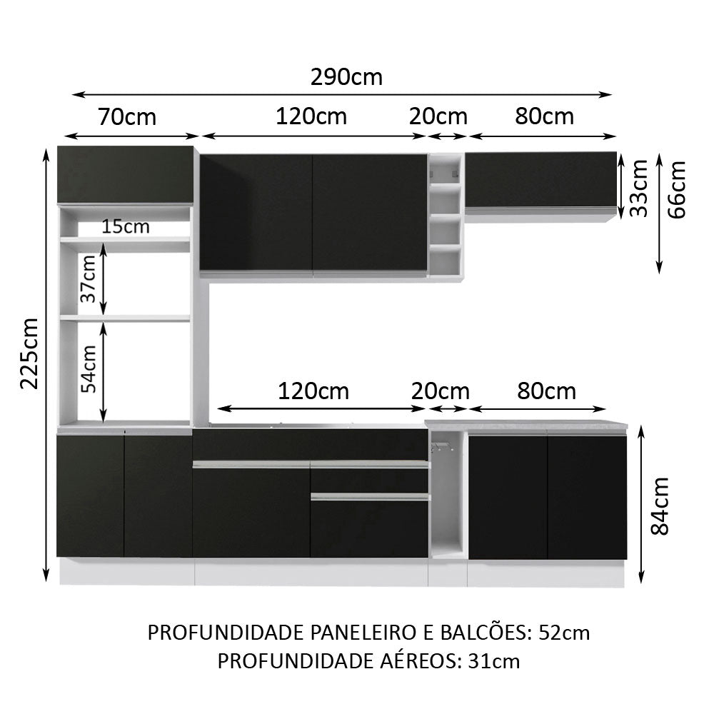 Armário de Cozinha Completa 290cm Branco/Preto Vicenza Madesa 02