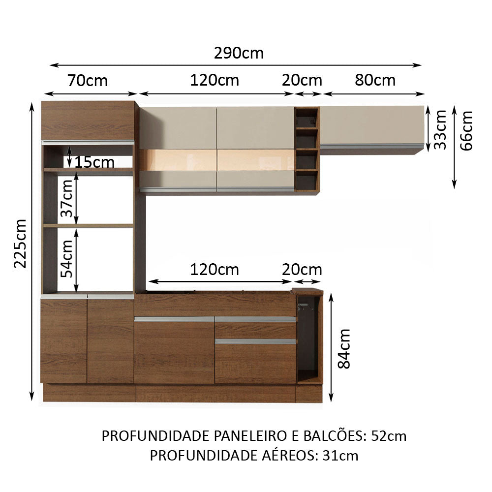 Armário de Cozinha Completa 290cm Rustic/Crema Safira Madesa 03