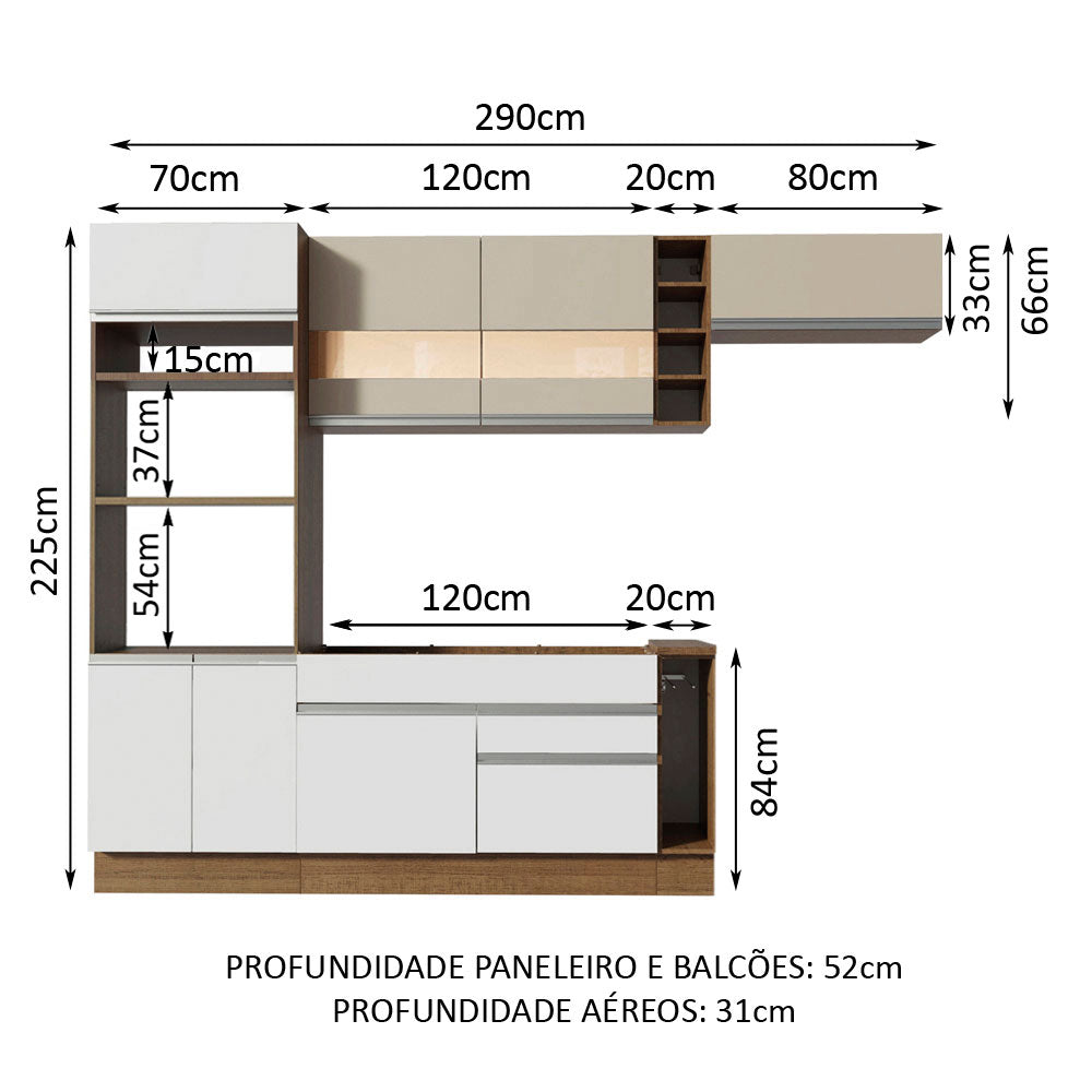 Armário de Cozinha Completa 290cm Branco/Crema Safira Madesa 03