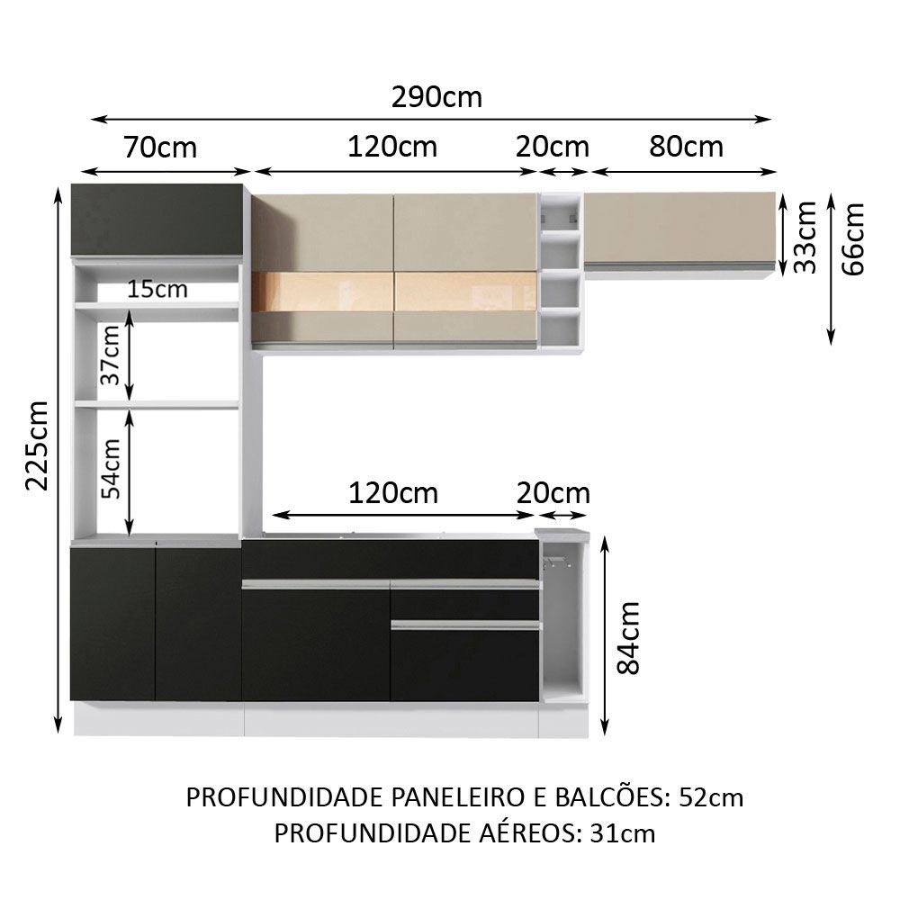 Armário de Cozinha Completa 290cm Branco/Preto/Crema Safira Madesa 03