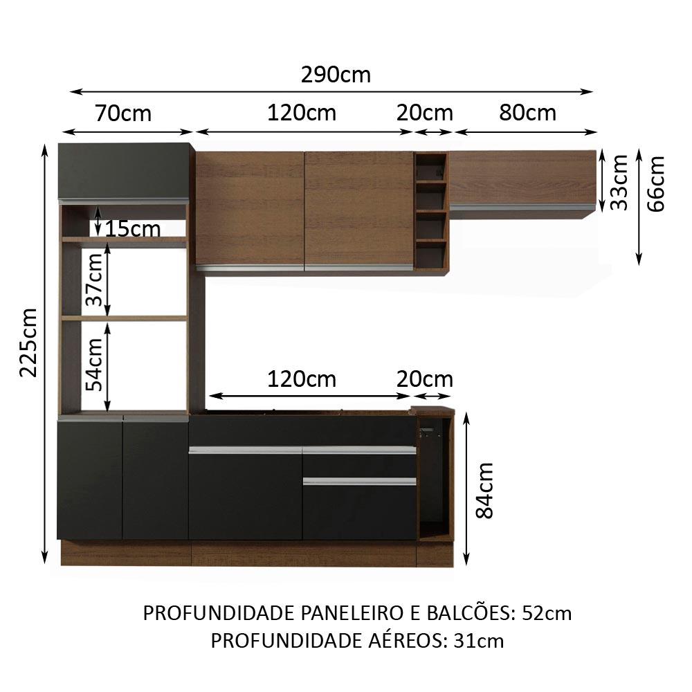 Armário de Cozinha Completa 290cm Rustic/Preto/Rustic Safira Madesa 04