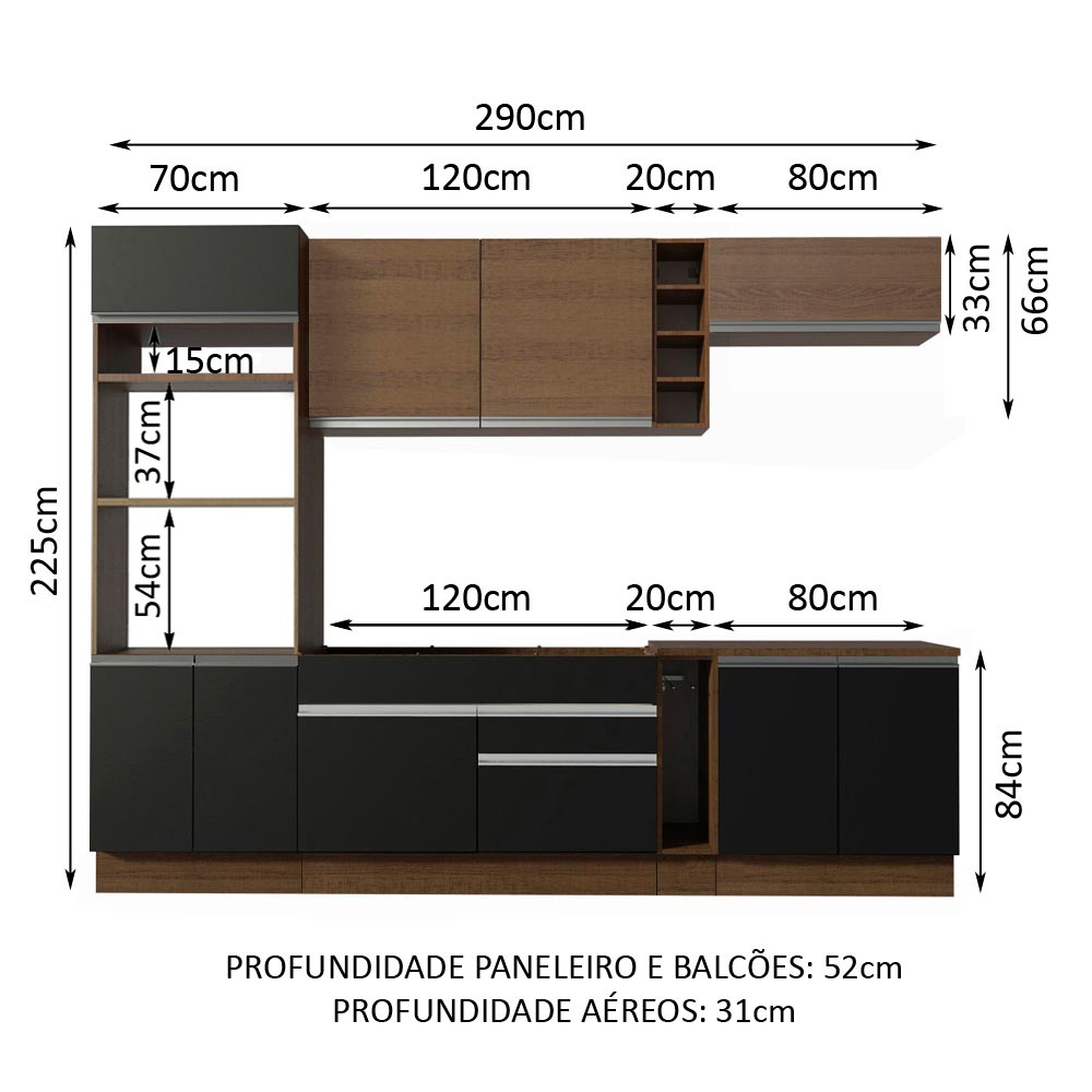 Armário de Cozinha Completa 290cm Rustic/Preto/Rustic Vicenza Madesa 07