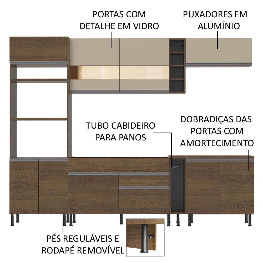 Armário de Cozinha Completa 290cm Rustic/Rustic/Crema Vicenza Madesa 11