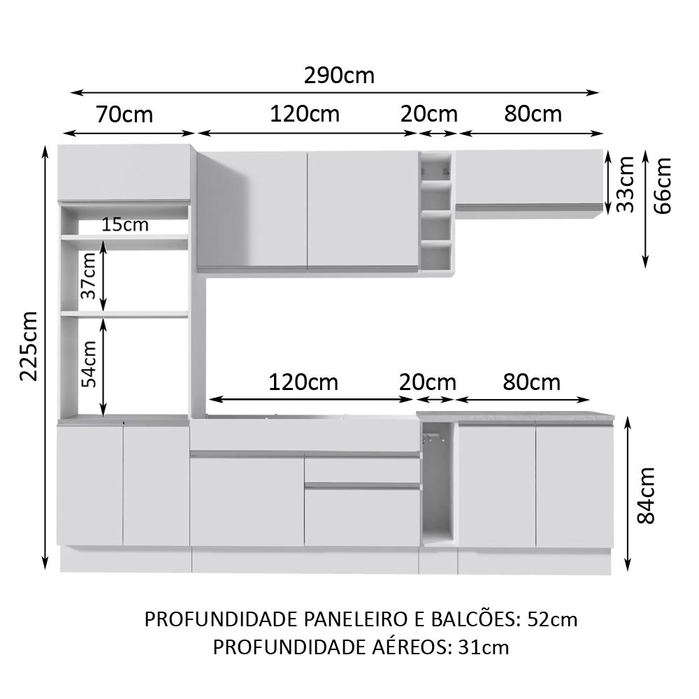 Armário de Cozinha Completa 290cm Branco Vicenza Madesa 12