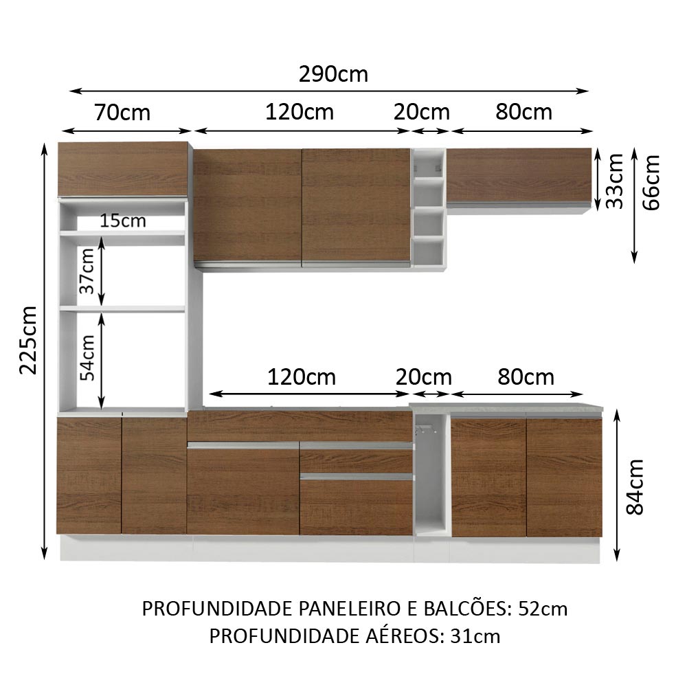 Armário de Cozinha Completa 290cm Branco/Rustic Vicenza Madesa 12