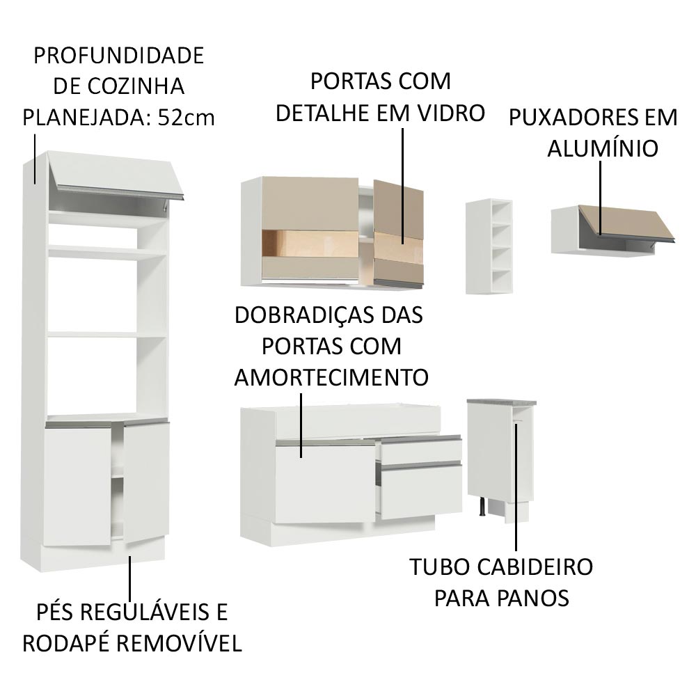 Armário de Cozinha Completa 290cm Branco/Branco/Crema Safira Madesa 13