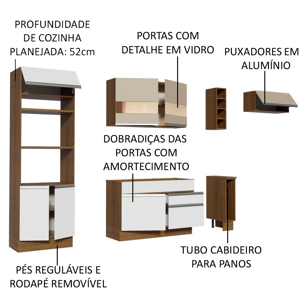 Armário de Cozinha Completa 290cm Rustic/Branco/Crema Safira Madesa 13