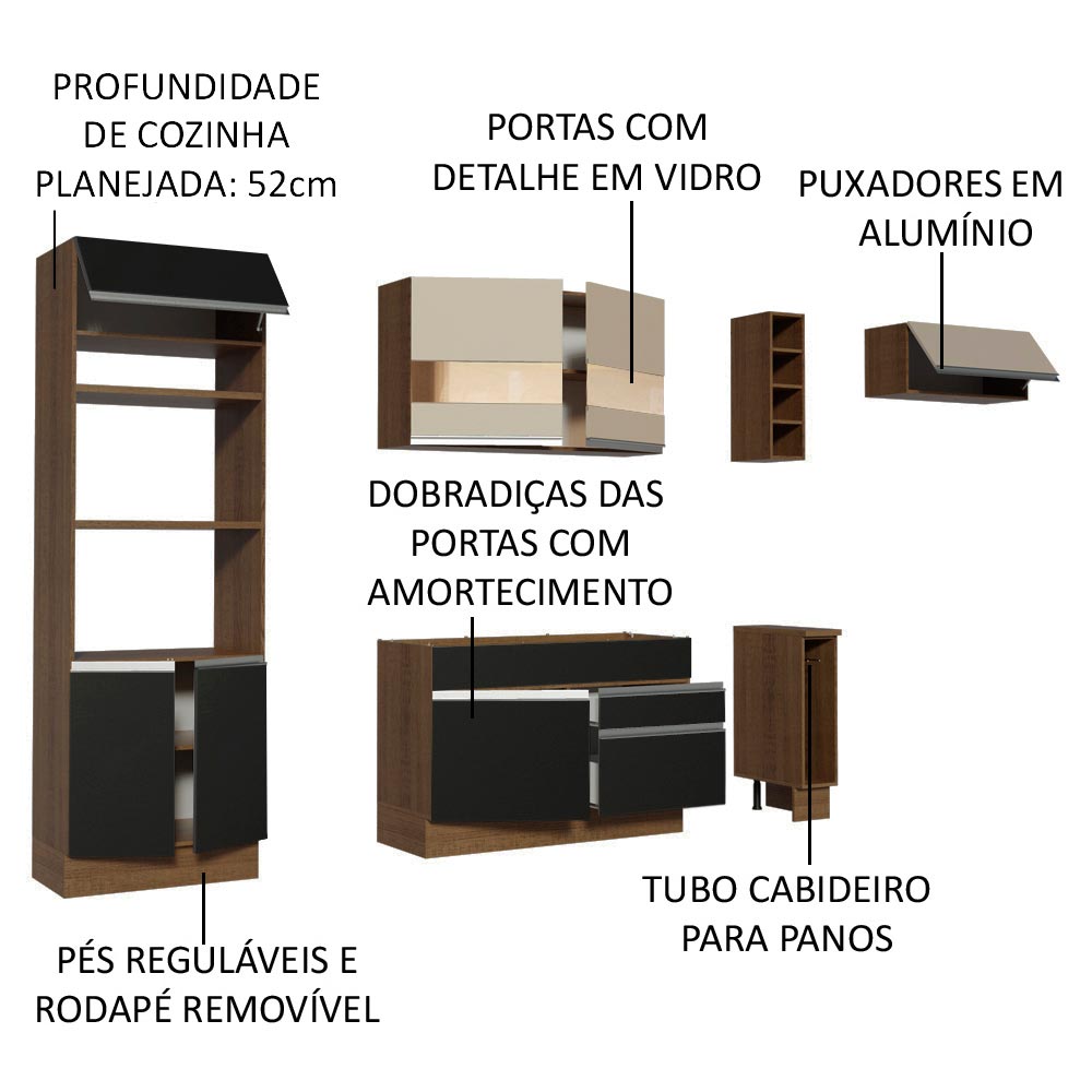 Armário de Cozinha Completa 290cm Rustic/Preto/Crema Safira Madesa 13