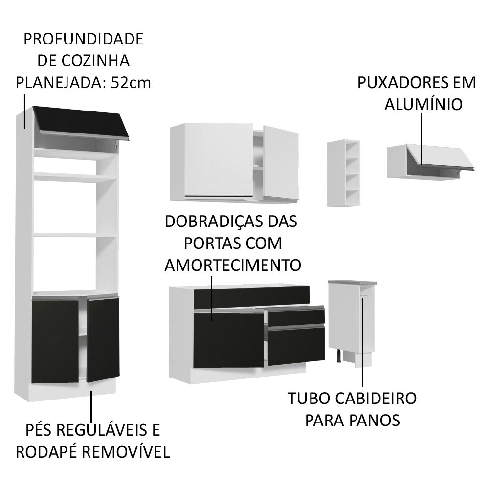 Armário de Cozinha Completa 290cm Branco/Preto/Branco Safira Madesa 14