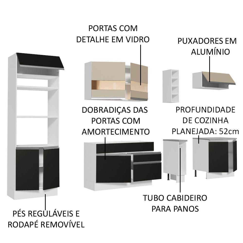 Armário de Cozinha Completa 290cm Branco/Preto/Crema Vicenza Madesa 15