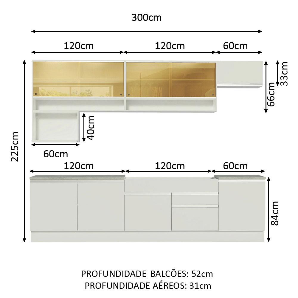 Armário de Cozinha Completa 300cm Branco Verona Madesa 01
