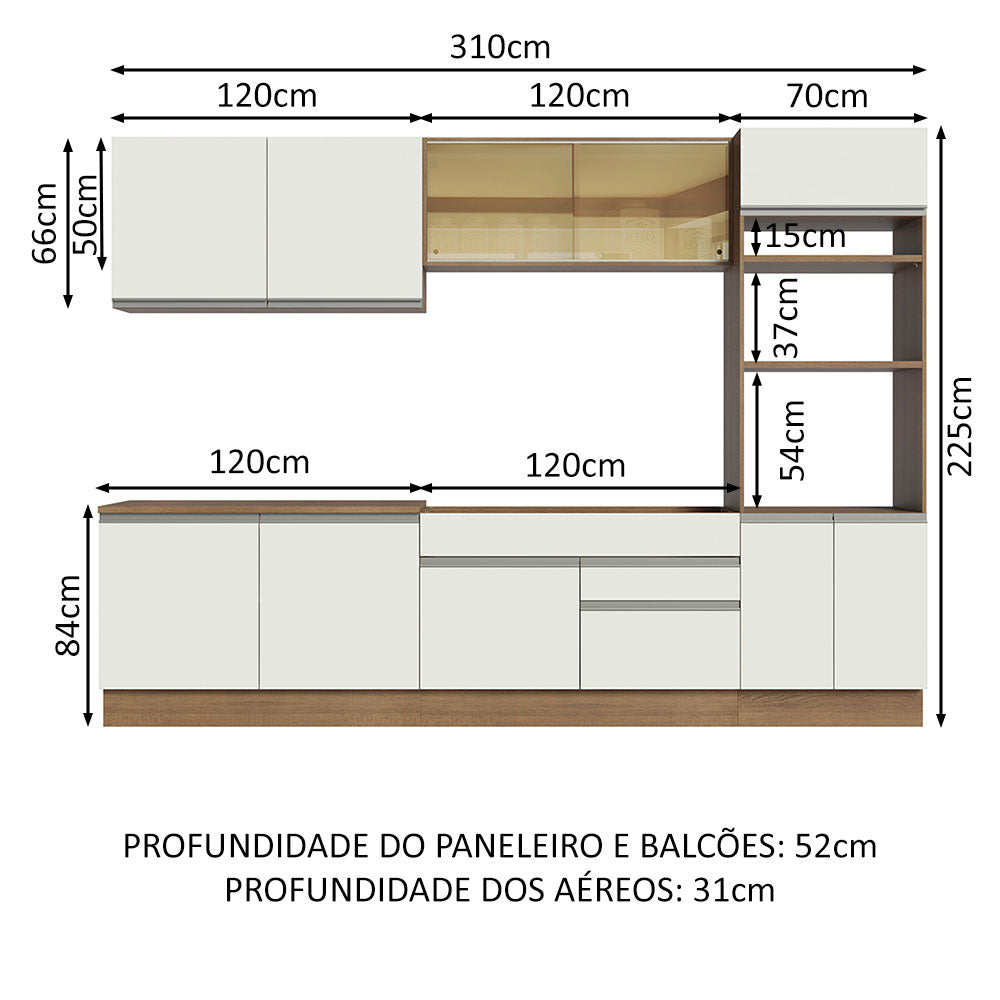 Armário de Cozinha Completa 310cm Rustic Branco Glamy Madesa 01
