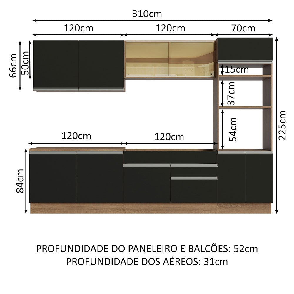 Armário de Cozinha Completa 310cm Rustic Preto Glamy Madesa 01