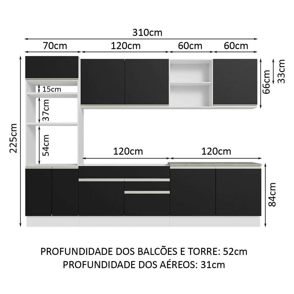 Armário de Cozinha Completa 310cm Branco/Preto Glamy Madesa 02