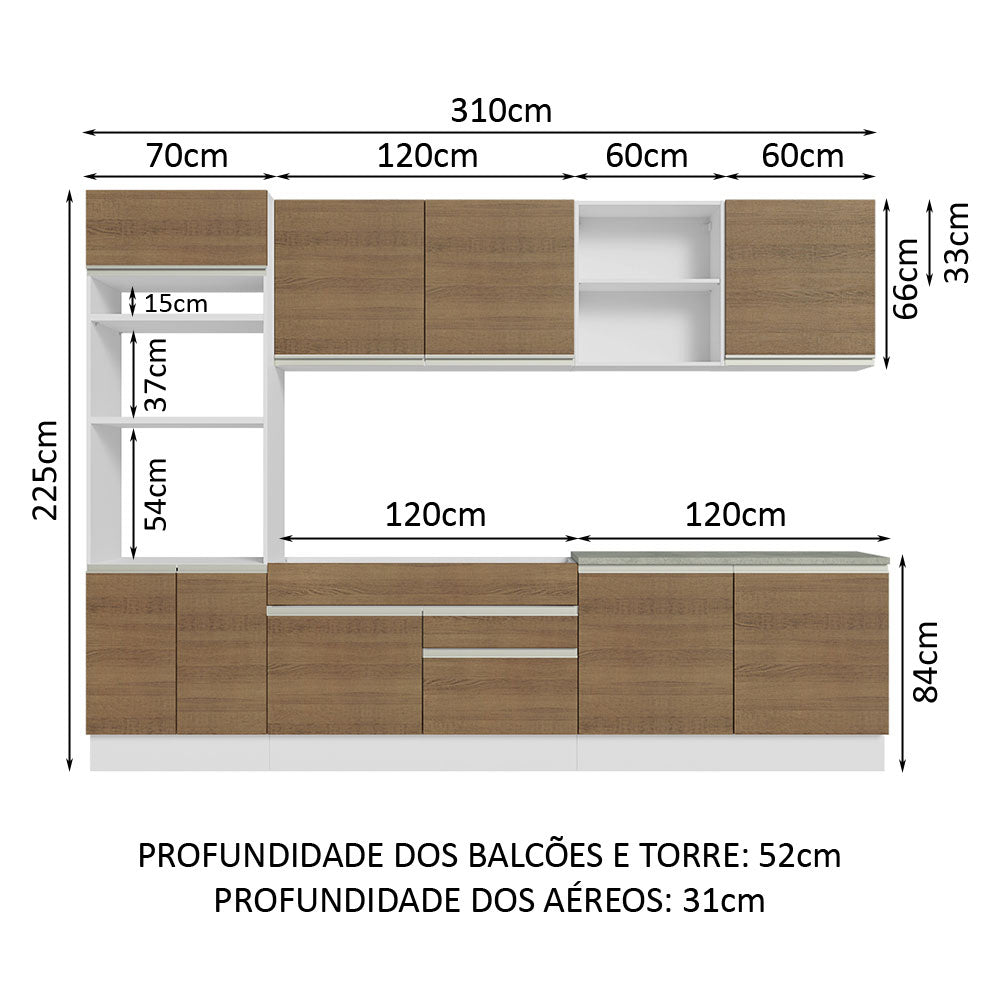 Armário de Cozinha Completa 310cm Branco/Rustic Glamy Madesa 02