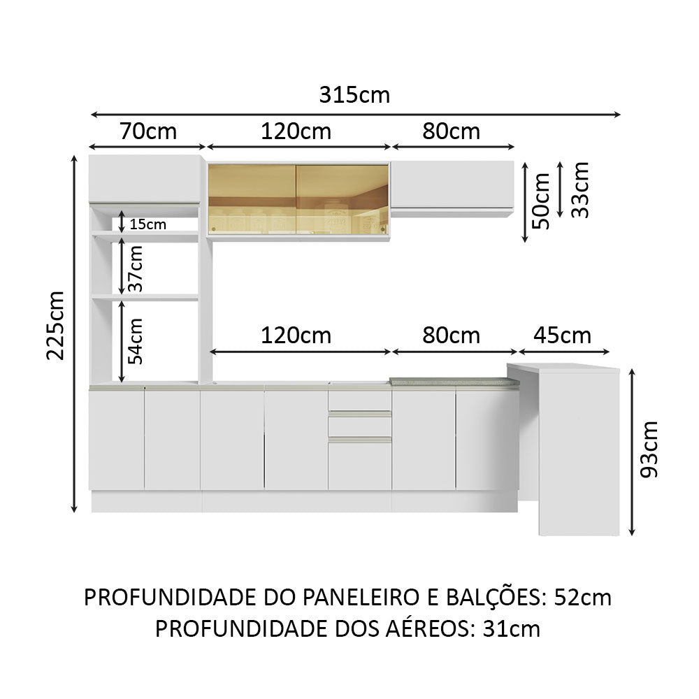 Armário de Cozinha Completa 315cm Branco Glamy Madesa 01