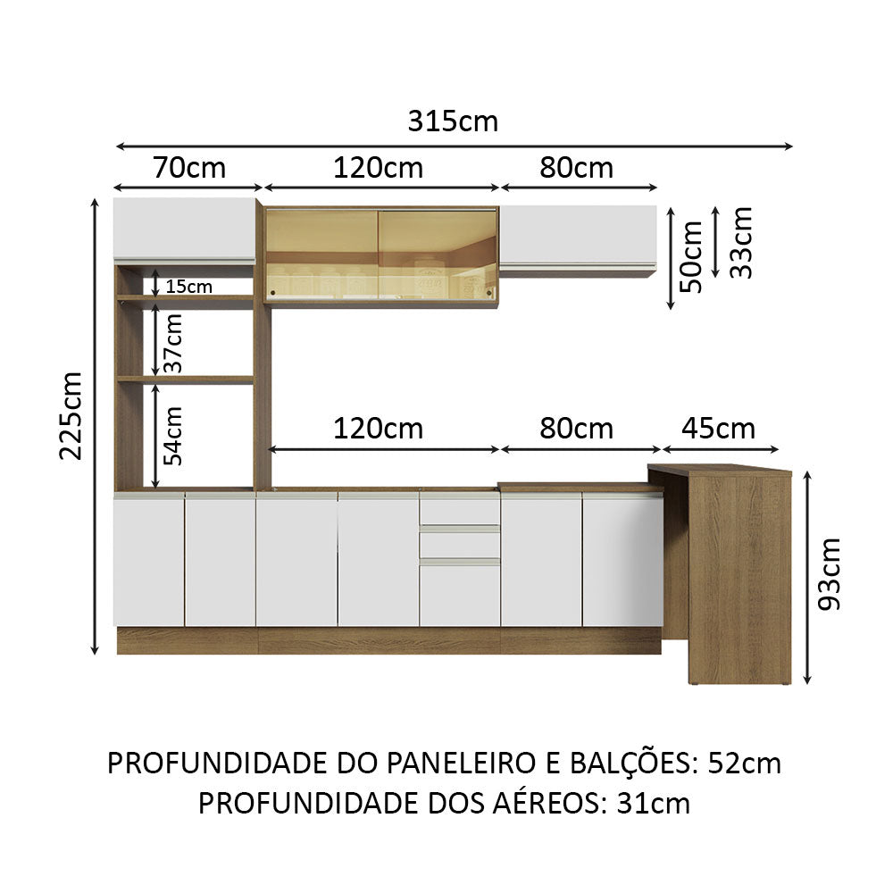 Armário de Cozinha Completa 315cm Rustic/Branco Glamy Madesa 01