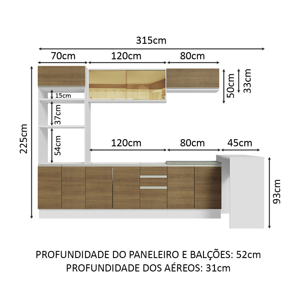 Armário de Cozinha Completa 315cm Branco/Rustic Glamy Madesa 01