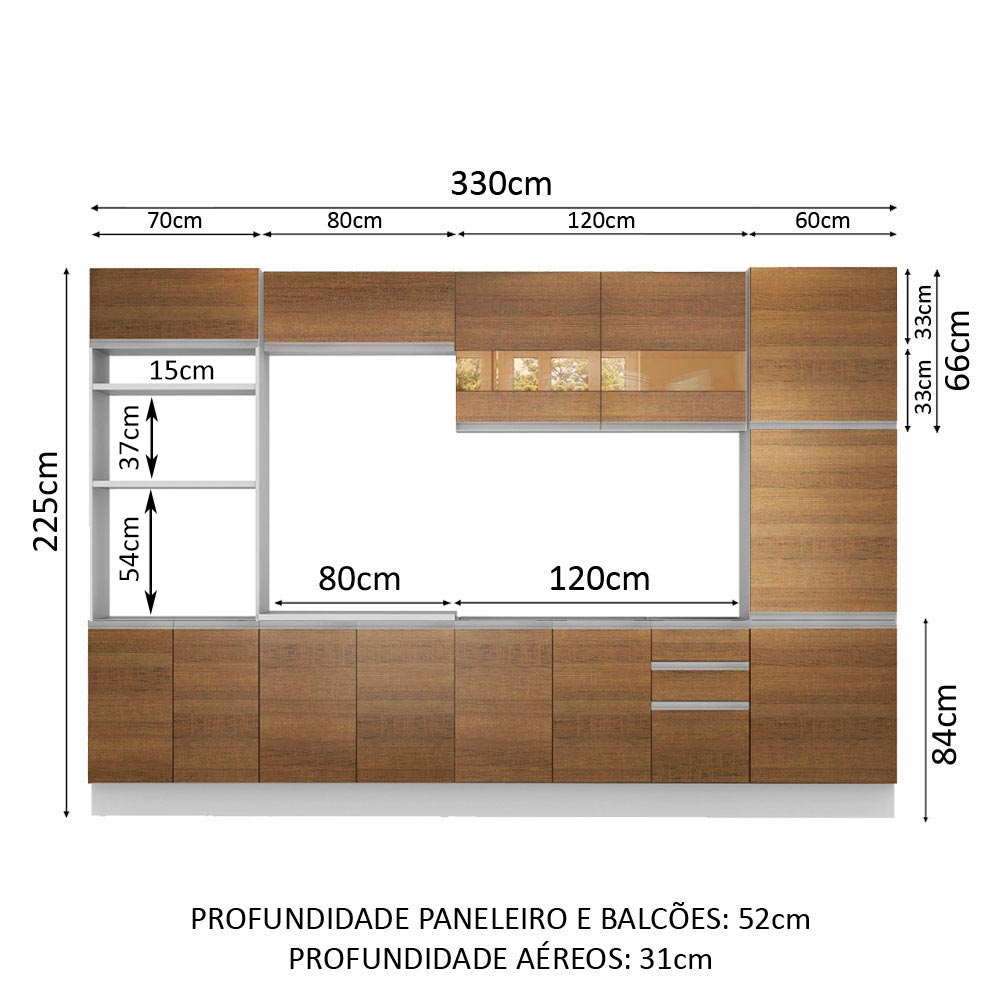 Armário de Cozinha Completa 330cm Branco/Rustic Roma Madesa 01