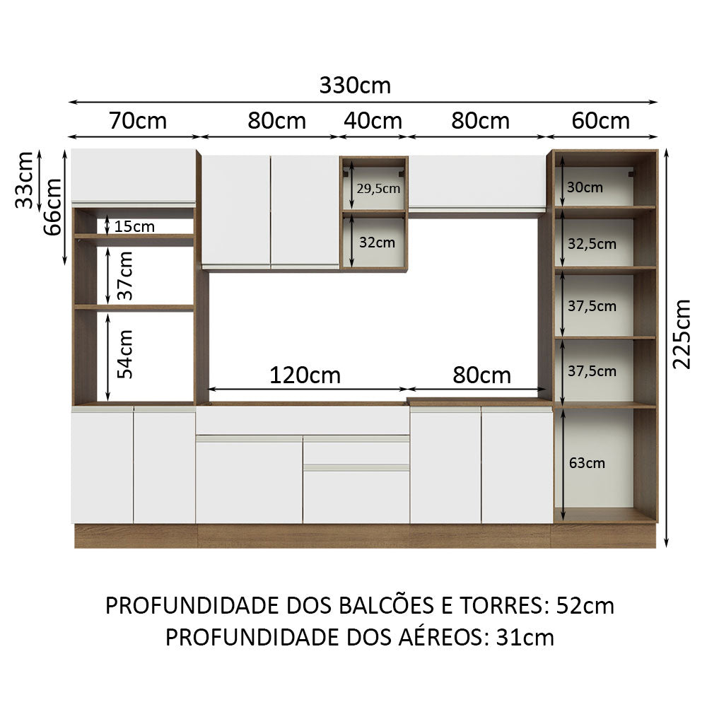 Armário de Cozinha Completa 330cm Rustic/Branco Glamy Madesa 03