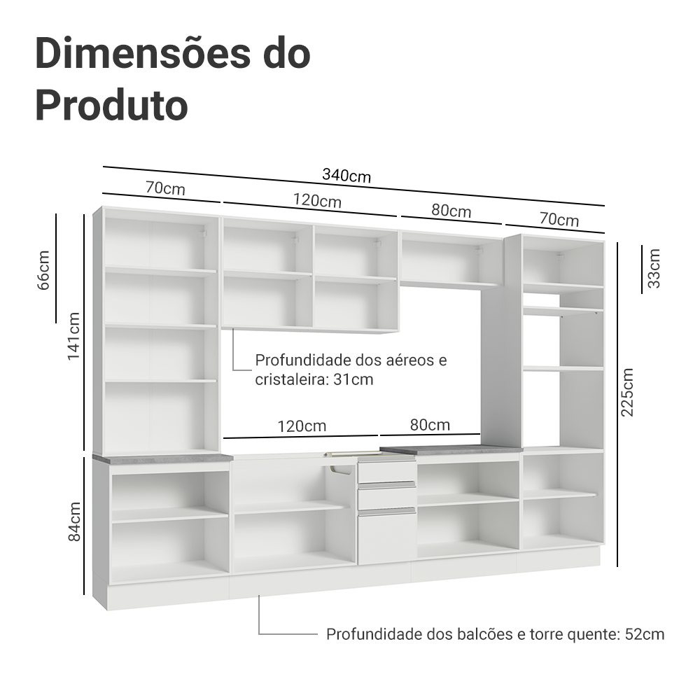 Armário de Cozinha Completa 340cm Branco Glamy Madesa 01