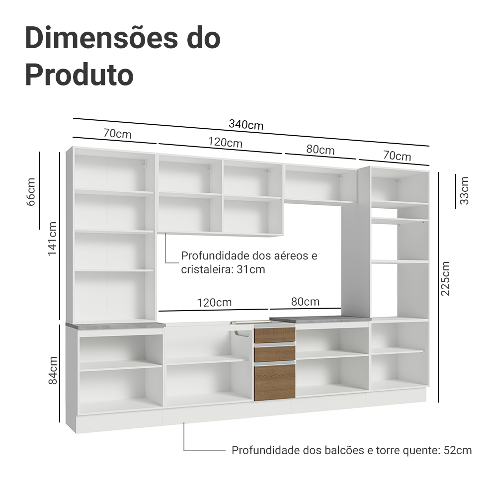 Armário de Cozinha Completa 340cm Branco/Rustic Glamy Madesa 01