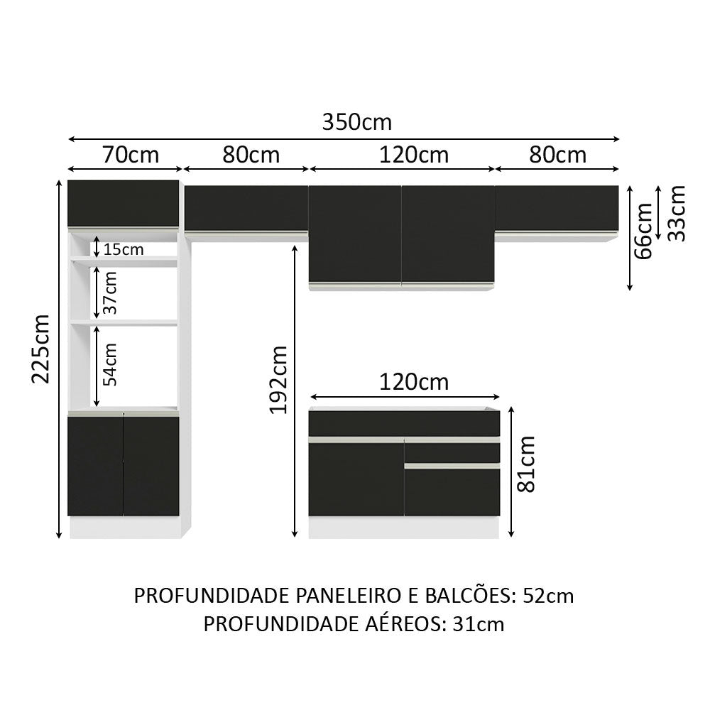 Armário de Cozinha Completa 350cm Branco/Preto Glamy Madesa 01