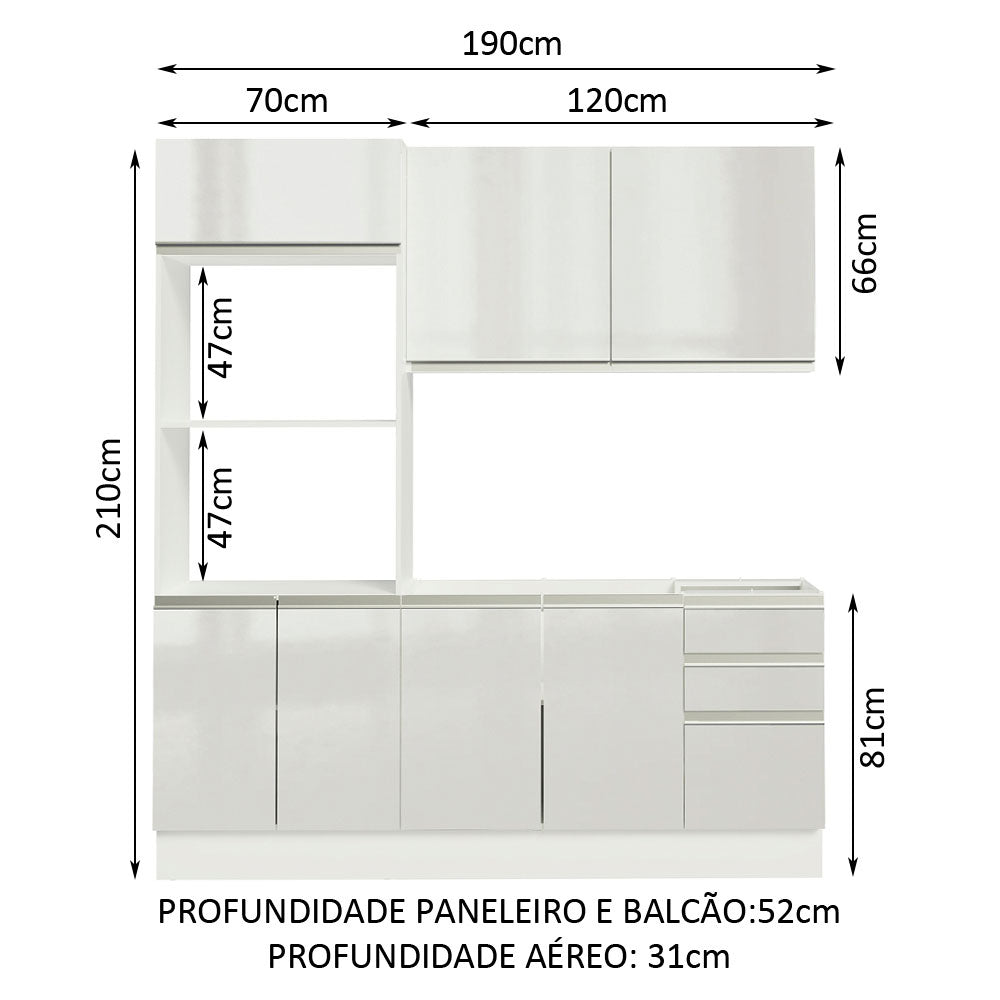 Armário de Cozinha Compacta 100% MDF 190cm Portas Branco Brilho Acordes Madesa 01
