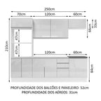 Armário de Cozinha Completa 100% MDF 250cm Frentes Branco Brilho Acordes Madesa 03