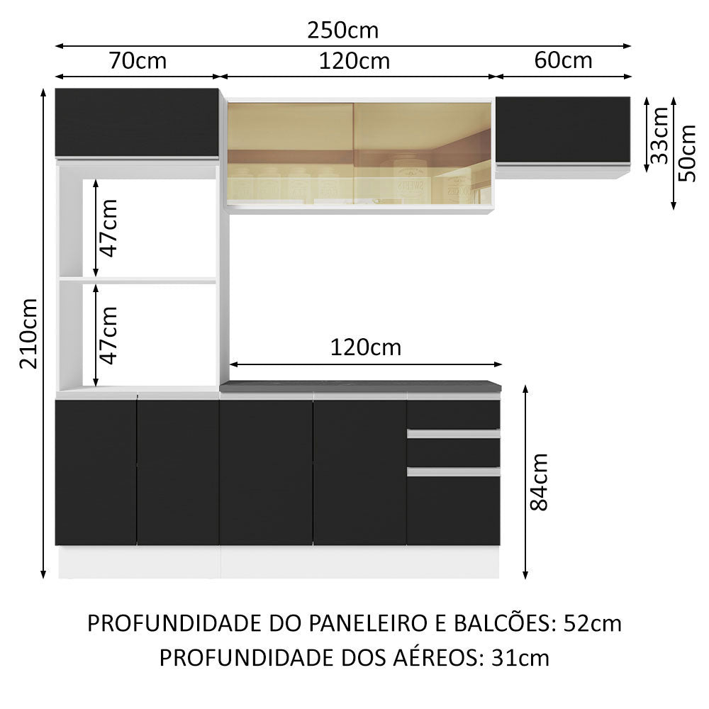 Armário de Cozinha Completa 100% MDF 250cm Branco/Preto Acordes Madesa 04