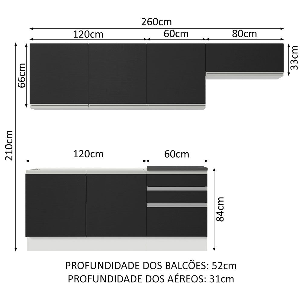 Armário de Cozinha Completa 100% MDF 260cm Branco/Preto Acordes