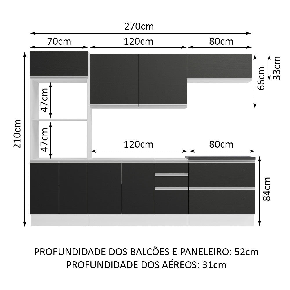 Armário de Cozinha Completa 100% MDF 270cm Branco/Preto Acordes Madesa 06