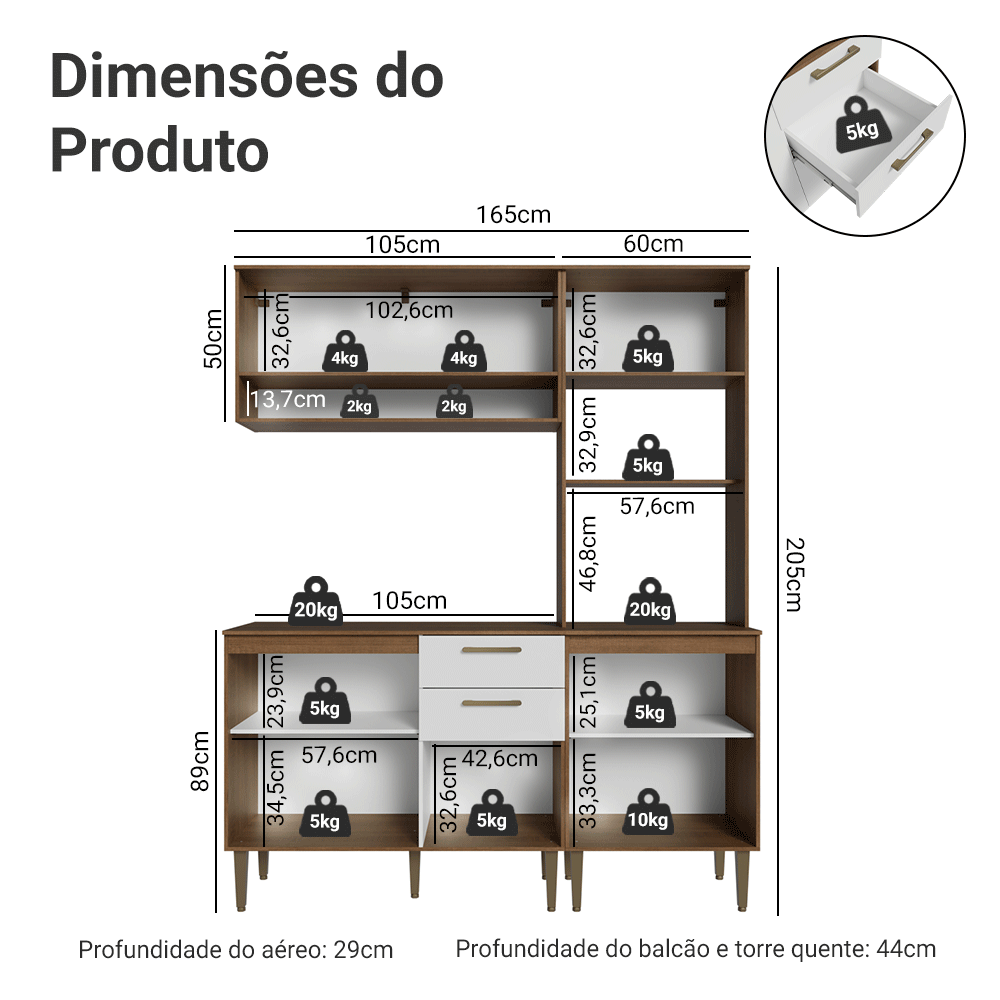 Armário de Cozinha Completa 165 cm Rustic/Branco Lille Madesa 01